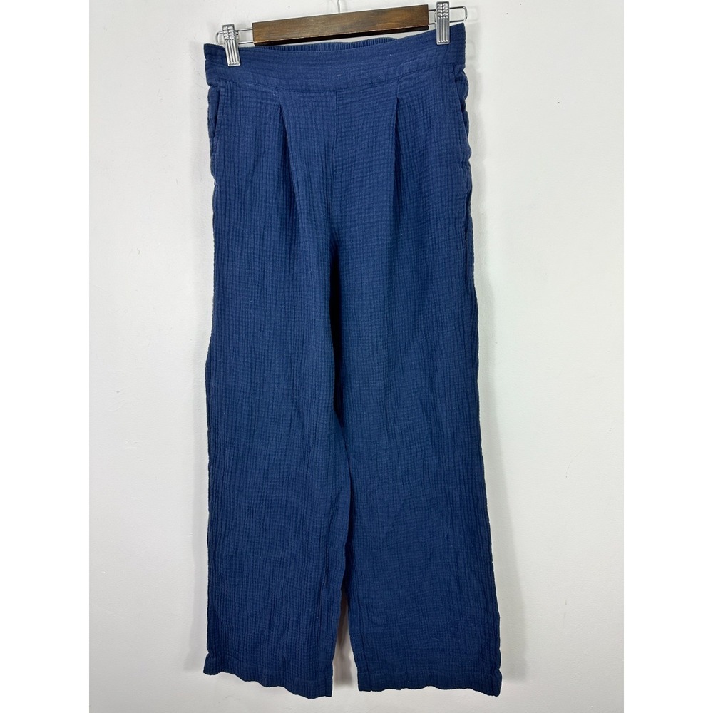 Wide Leg Pull On Organic Cotton Pants Womens Small Blue Gauzy Minimalist Beach